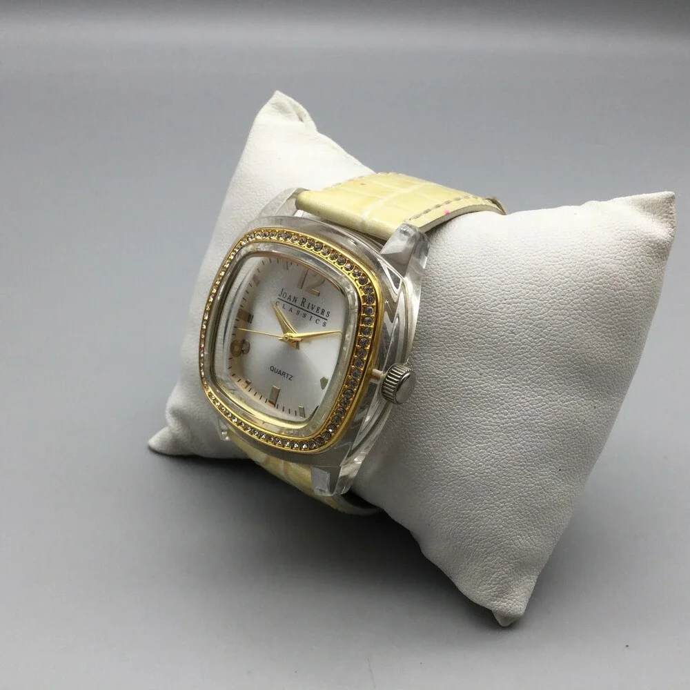 Joan Rivers Womens Watch 38mm Silver Tone Yellow Leather Crystals New Battery